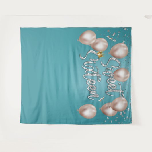 スイート16 現代ターコイズ色の女の子 16歳の誕生日テープ タペストリー (正面(横))