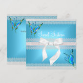 スイート16 白いレース ティールブルー 蝶 招待状 (正面/裏面)