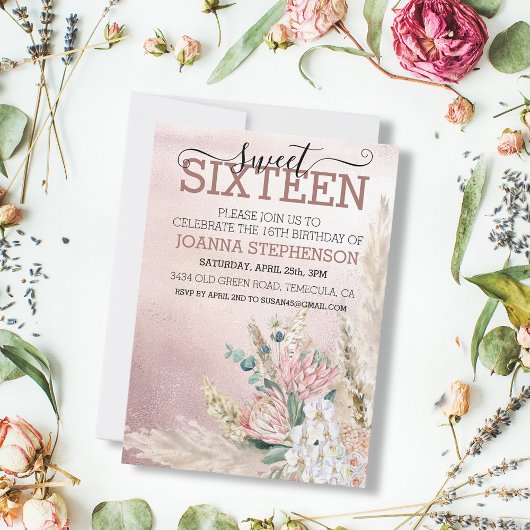 スイート16 16歳の誕生日パーティー パンパスグラス ピンク 招待状