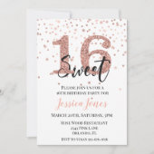 スイート16 16歳の誕生日パーティー ローズゴールド グリッター 招待状 (正面)