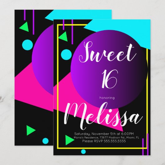 スイート16 80年代 オーガニック ネオン グロー イン ザ ダーク パーティー 招待状 (正面/裏面)