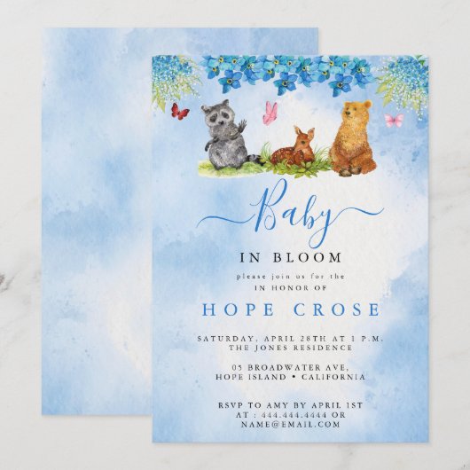 スイート アニマルズ ガール ベイビー イン ブルーム ベイビー シャワー 招待状 (正面/裏面)