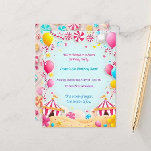 スイート キャンディー カーニバル 誕生日パーティー 招待状 (正面/裏面インサイチュ)