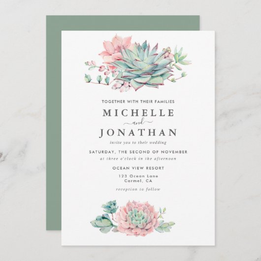 スイート サクセレント ピンク グリーン ウェディング  招待状 (正面/裏面)