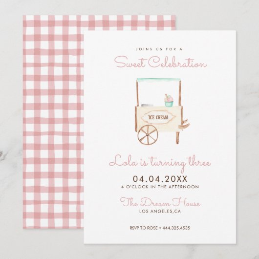 スイート セレブレーション アイスクリーム ピンク 誕生日 招待状 (正面/裏面)