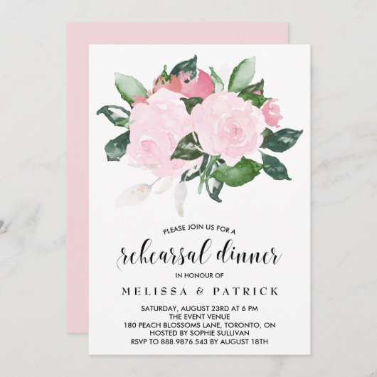 スイート ピンク ウォーターカラー ローズ リハーサル ディナー 招待状 (正面/裏面)