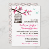 スイート ピンク 鳥かご 花 ウェディング 招待状 (正面/裏面)