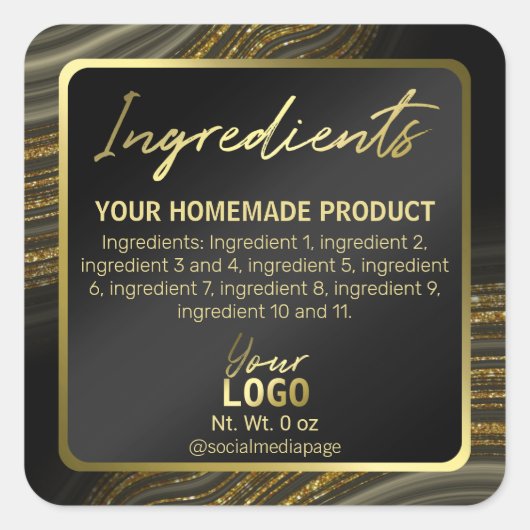 スイープ瑪瑙ライン黒い金ゴールド原料ラベル スクエアシール (正面)