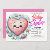 スイーモダンテアートピンクハートベビーシャワー 招待状 (正面/裏面)