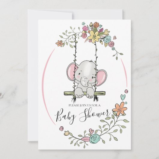 スウィングでかわいい赤ちゃんシャワーの象 招待状 (正面)