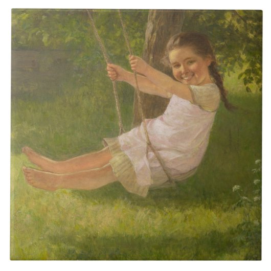 スウィングで微笑む少女(ヴィンテージ幼少期) タイル (正面)
