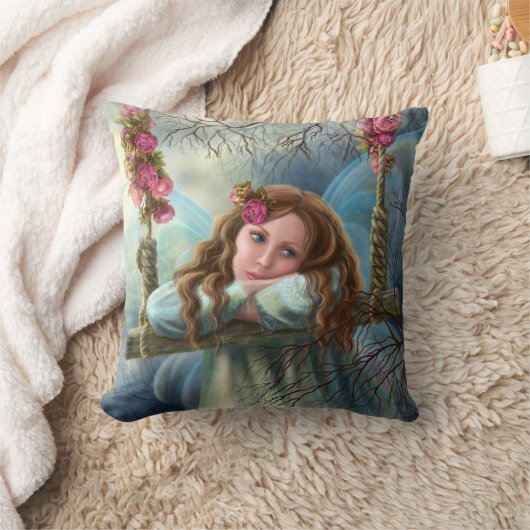 スウィングで美しい若い妖精の蝶の枕 クッション (ブランケット)