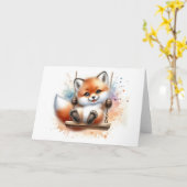 スウィングに乗るかわいい赤ちゃん狐の水彩画ブランクカード カード (黄色い花)