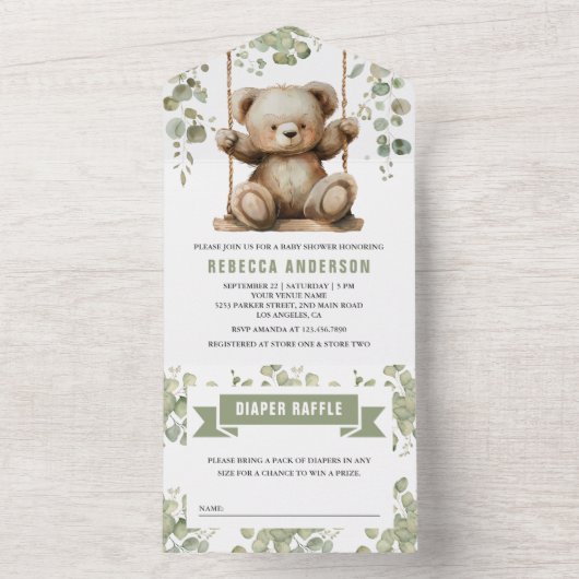 スウィングユーカリ赤ちゃんシャワーにかわいいテディベア オールインワン招待状 (内側)