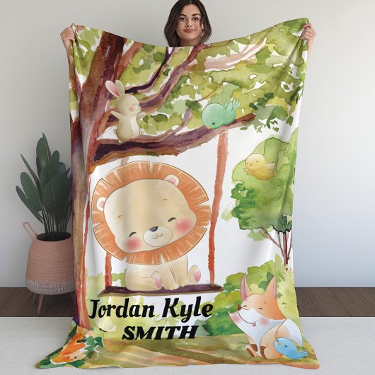 スウィングライオン、キツネ、バニーと鳥の子供の毛布 フリースブランケット