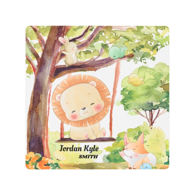 スウィングライオン、キツネ、バニーと鳥の赤面自然 メタルプリント (正面)