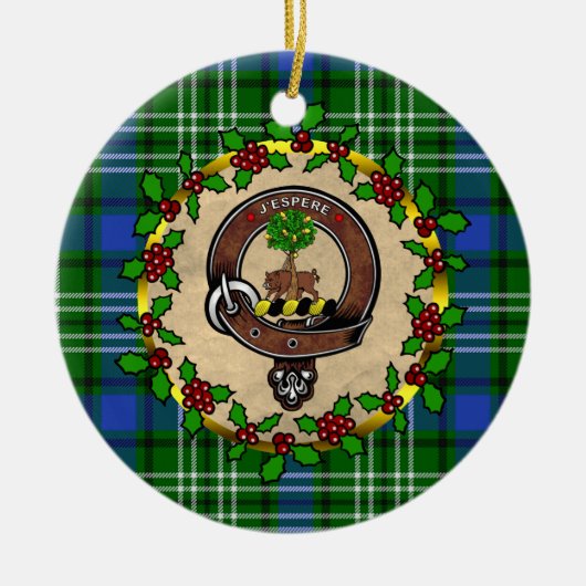 スウィントンクランバッジ&タータンチェックパーソナライズされたクリスマス セラミックオーナメント (正面)