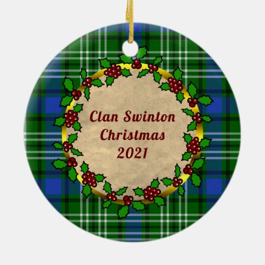 スウィントンクランバッジ&タータンチェックパーソナライズされたクリスマス セラミックオーナメント (裏面)