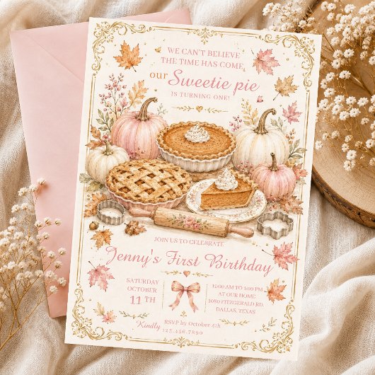 スウィーティーパイの秋の誕生日 かぼちゃ ピンクのリボン ケーキ 招待状