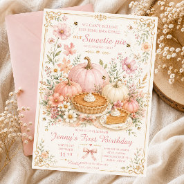 スウィーティーパイの秋の誕生日 かぼちゃ ピンクのリボン ケーキ 招待状
