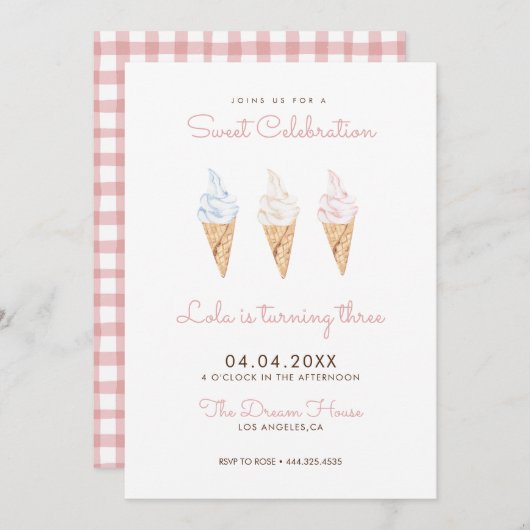 スウィートお祝いアイスクリームピンク誕生日 招待状 (正面/裏面)