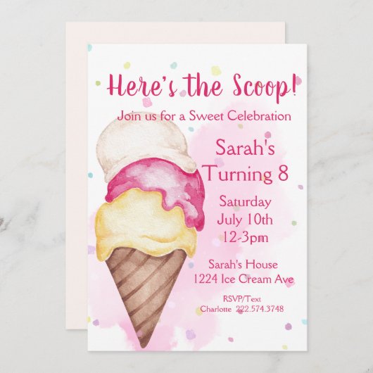 スウィートお祝いアイスクリーム誕生日 招待状 (正面/裏面)