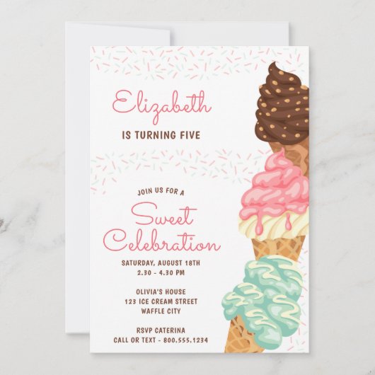 スウィートお祝いアイスクリーム誕生日 招待状 (正面)