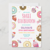 スウィートお祝いキャンディドーナッツピンクガール誕生日 招待状 (正面)