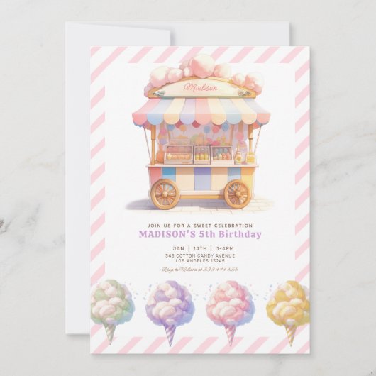 スウィートお祝いコットンキャンディガールズ誕生日 招待状 (正面)