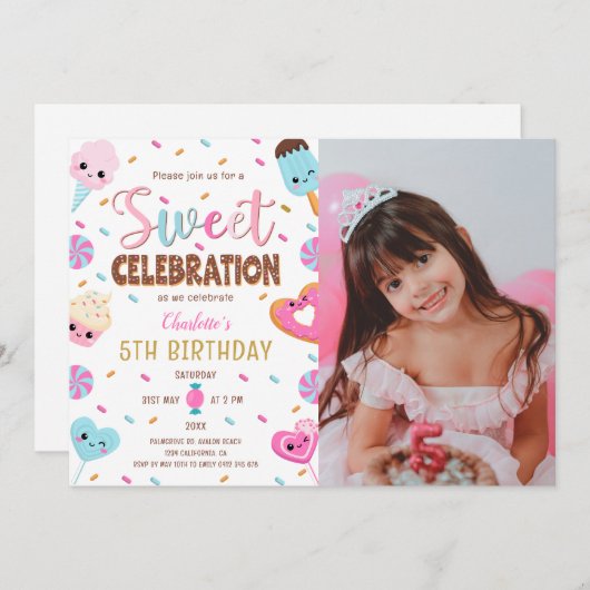 スウィートお祝いドナットキャンディーフォト誕生日 招待状 (正面/裏面)