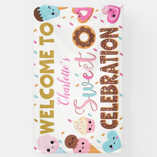 スウィートお祝いドーナツ誕生日ウェルカム 横断幕 (縦)