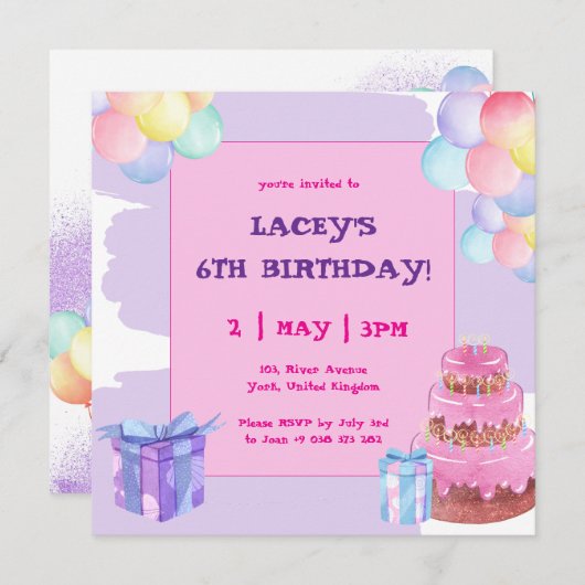 スウィートお祝いバルーン誕生日招待状 招待状 (正面/裏面)