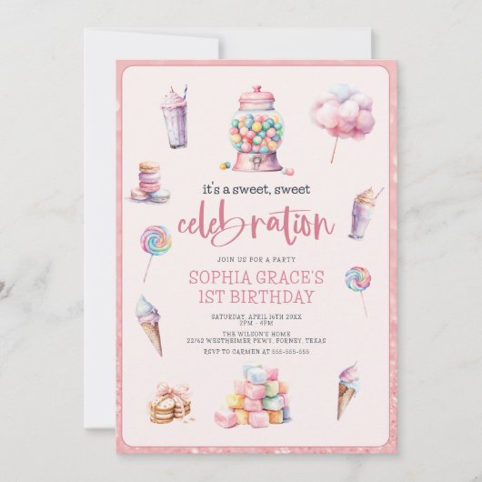 スウィートお祝いピンクキャンディランドバースデーパーティー 招待状 (正面)