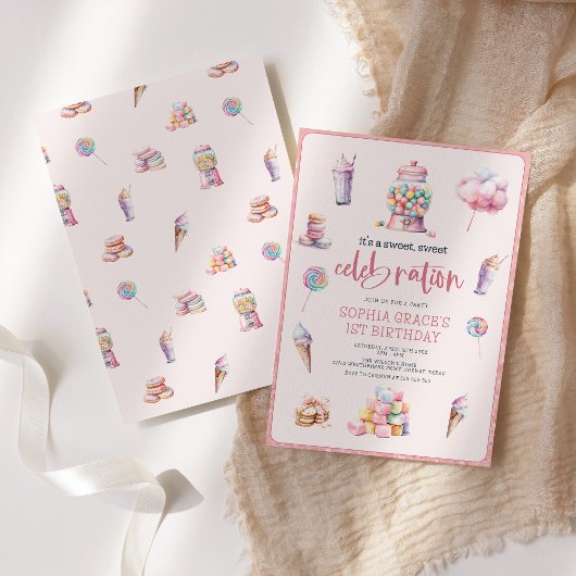 スウィートお祝いピンクキャンディランドバースデーパーティー 招待状