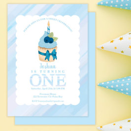 スウィートお祝いブルーカップケーキ1st誕生日パーティー 招待状