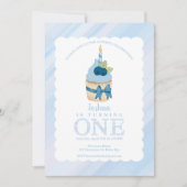 スウィートお祝いブルーカップケーキ1st誕生日パーティー 招待状 (正面)