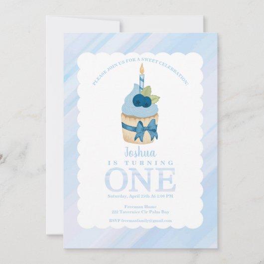 スウィートお祝いブルーカップケーキ1st誕生日パーティー 招待状 (正面)