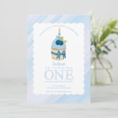 スウィートお祝いブルーカップケーキ1st誕生日パーティー 招待状 (スタンド正面)