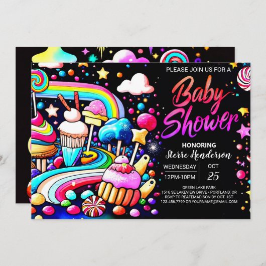 スウィートお祝い棒つきキャンデーベビーシャワー 招待状 (正面/裏面)