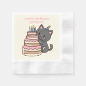 スウィートかわいいブラックキャットバースデーパーティー 縁ありカクテルナプキン (正面)