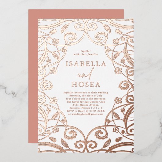 スウィートかわいらしバラ金ゴールドフローラレース結婚ズ 箔招待状 (正面/裏面)