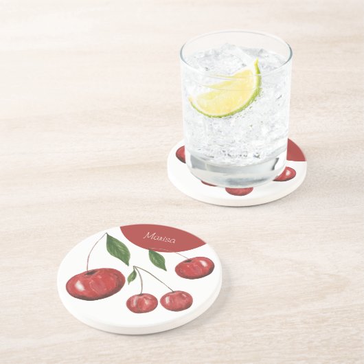 スウィートさくらんぼウォーターカラーイラストレーション モノグラムの コースター (側面)
