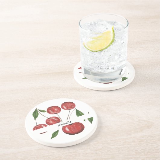 スウィートさくらんぼウォーターカラーイラストレーション モノグラムの コースター (側面)