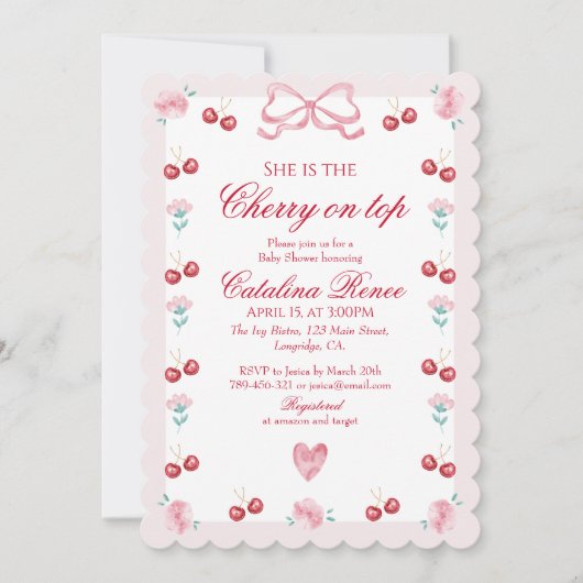 スウィートさくらんぼオントップピンクボウレッド 招待状 (正面)