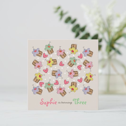 スウィートさくらんぼカップケーキガールバースデーパーティー招待状 招待状 (スタンド正面)