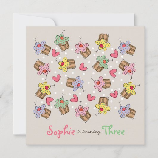 スウィートさくらんぼカップケーキガールバースデーパーティー招待状 招待状 (正面)