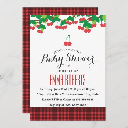 スウィートさくらんぼピクニックジンガムベビーシャワー 招待状 (正面/裏面)