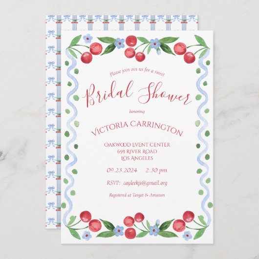 スウィートさくらんぼレッドブライダルシャワー 招待状 (正面/裏面)