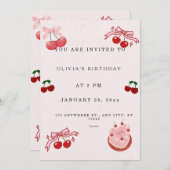 スウィートさくらんぼ誕生日招待状 | かわいいピンクの少女 招待状 (正面/裏面)