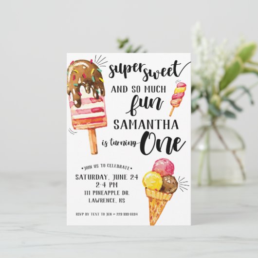 スウィートすごいアイスクリームファースト誕生日招待状 招待状 (スタンド正面)